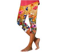 Yolimok Knee Length Shorts for Women UK Ladies Cropped Capri Shorts Stretch Hawaiian Floral Print Pants Crop Trousers Summer Legging Lounge Elasticated Waist Casual 3/4 Length Boho Pants Joggers