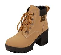 Yolimok Ladies Boots Women's Lace Up Ankle Boots Comfortable Platform Chunky Heel Combat Booties Causal Round Toe Leather Booties Winter Insulated Non-Slip Footwear Fashion Shoes Size 3.5-7