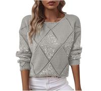 Yolimok Ladies Jumpers Sequin Embellished Knit Crew Neck Sweaters Casual Classic Plain Pullover Long Sleeve Jumper Tops Women's Knit Jumpers Crop Top Dressy Office Workwear Daily Wear Sweater S-XXL