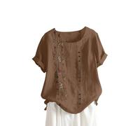 Yolimok Linen Tops for Womens UK Plus Size,Summer Cheesecloth Boho Tops T Shirts Short Sleeve Dressy Casual Crew Neck Embroidery Tops Cotton Tunic Tops Clothes Elegant Blouses Coffee