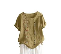 Yolimok Linen Tops for Womens UK Plus Size,Summer Cheesecloth Boho Tops T Shirts Short Sleeve Dressy Casual Crew Neck Embroidery Tops Cotton Tunic Tops Clothes Elegant Blouses Khaki