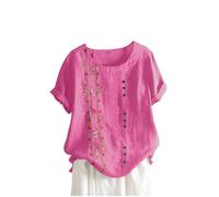 Yolimok Linen Tops for Womens UK Plus Size,Summer Cheesecloth Boho Tops T Shirts Short Sleeve Dressy Casual Crew Neck Embroidery Tops Cotton Tunic Tops Clothes Elegant Blouses Hot Pink