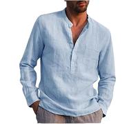 Yolimok Oversized T Shirt Men Solid Colour Cotton Shirts Half Buttons Blouse Stand-Up Collar Tops With Pockets Long Sleeve Pullovers Casual Loose Fit Jumpers Outdoor Light Blue