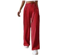 Yolimok PASUDAHose Damen Sommer Weites Bein Freizeithose Hight Waist Geradem Sommerhose Bequeme Leichte Lässige Anzughose Hosen mit Taschen, Knopfleiste Red