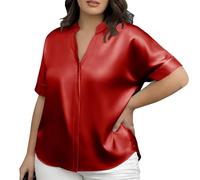 Yolimok Satin Blouses for Women Short Sleeve Button Down Shirt Oversized Tops Casual Work Office Silk Shirts Women's Satin Shirt V Neck Button Down Blouse Plus Size Ladies Tops