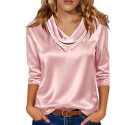 Yolimok Satin Tops for Women UK Cowl Neck Blouse Elegant Silky Long Sleeve Tops with Ruched Front Design Stylish Satiny Pullover Shirt Ladies Silk Blouses Business Casual Formal Office Work Top Pink