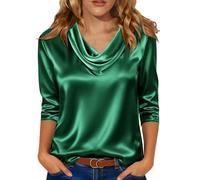 Yolimok Satin Tops for Women UK Cowl Neck Blouse Elegant Silky Long Sleeve Tops with Ruched Front Design Stylish Satiny Pullover Shirt Ladies Silk Blouses Business Casual Formal Office Work Top Green