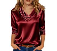 Yolimok Satin Tops for Women UK Cowl Neck Blouse Elegant Silky Long Sleeve Tops with Ruched Front Design Stylish Satiny Pullover Shirt Ladies Silk Blouses Business Casual Formal Office Work Top Red