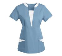 Yolimok Scrubs Tunic Tops for Women UK Health Care Hospital Medical Uniform Women Men Patchwork Nurse Uniform Workwear Doctor Nurse Tops V Neck Shirt Blouse Regular Fit Top Blue