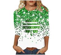 Yolimok St Patricks Day Shirt Women Irish Shamrock Graphic Tees Women's Casual Round Neck Sequin Printed Three-Quarter Sleeve T-Shirt Funny Blouses Loose Fit Top Pullover