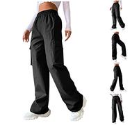 Yolimok Straight Leg Pants Cargo Trousers for Women with Pockets Petite Cargo Trousers High Waisted with Flap Pockets Teen Girls Y2K Harem Joggers Pants Work Bottoms Casual Streetwear Black
