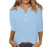 Yolimok Summer Cotton Linen Shirt for Women UK Sale Cheesecloth Ladies Top Collarless Blouse Tunic Smart Casual Spring Autumn 3/4 Length Sleeve Notch V Neck Flattering Office Work Blouses Sky Blue