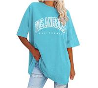 Yolimok Summer Tops for Women Teen Girls Y2k Oversized T Shirts Los Angeles California Crewneck Short Sleeve Ladies Tops Casual Loose Plus Size Tshirts Clearance UK 8-18 Sky Blue
