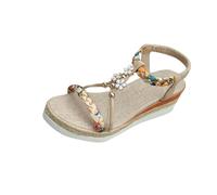 Yolimok Wedge Sandals for Women UK Embellished Trim Elasticated Back Strap Retro Boho Elegant Mid-heel Platform Wide Fit Comfy Casual Anti Slip Holiday Essentials Beach Dress Shoes Plus Size