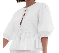 Yolimok White Ruffle Blouse Peplum Tops for Women Tie Front Shirt Babydoll Top 3/4 Length Puff Sleeve Coquette Tops Y2K Top Cropped Hem Cute Going Out Ladies Tops