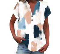 Yolimok Women Linen Top Vintage Floral Striped V Neck Short Sleeve Womens Shirts Elegant Work Blouses Cotton Linen T Shirts Casual Loose Button Tunic Tops Summer Boho Baggy Blouse Plus Size