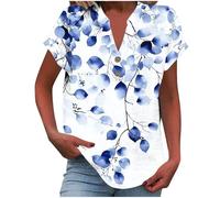 Yolimok Women Linen Top Vintage Floral Striped V Neck Short Sleeve Womens Shirts Elegant Work Blouses Cotton Linen T Shirts Casual Loose Button Tunic Tops Summer Boho Baggy Blouse Plus Size