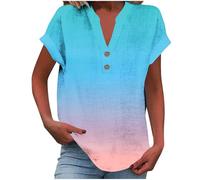 Yolimok Women Linen Top Vintage Floral Striped V Neck Short Sleeve Womens Shirts Elegant Work Blouses Cotton Linen T Shirts Casual Loose Button Tunic Tops Summer Boho Baggy Blouse Plus Size