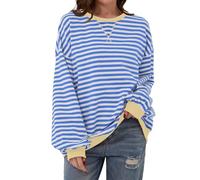 Yolimok Women Oversized Striped Color Block Long Sleeve Crew Neck Sweatshirt Casual Loose Pullover Y2K Shirt Top Light Blue