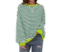 Yolimok Women Thin Striped Jumper,Classic Oversized Crewneck Top,Long Sleeve Sweatshirt,Casual Color Block Pullover Green