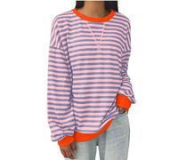 Yolimok Women Thin Striped Jumper,Classic Oversized Crewneck Top,Long Sleeve Sweatshirt,Casual Color Block Pullover