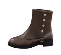 Yolimok Womens Boots Pointed Toe Block Heel Booties Studded Buckle Ankle Boots Mid Calf Combat Booties Comfortable Cushioned Sole Fashion Shoes Ladies Non-Slip Footwear Walking Hiking Size 3.5-7.5