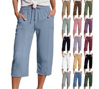 Yolimok Womens Cropped Trousers Elasticated High Waist Relax Fit Cotton Linen Ladies 3/4 Length Straight Wide Leg Trousers Casual Everyday Soft Lightweight Plain Three Quarter Pants