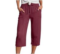 Yolimok Womens Cropped Trousers Elasticated High Waist Relax Fit Cotton Linen Ladies 3/4 Length Straight Wide Leg Trousers Casual Everyday Soft Lightweight Plain Three Quarter Pants