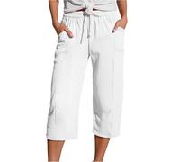 Yolimok Womens Cropped Trousers Elasticated High Waist Relax Fit Cotton Linen Ladies 3/4 Length Straight Wide Leg Trousers Casual Everyday Soft Lightweight Plain Three Quarter Pants White