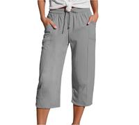 Yolimok Womens Cropped Trousers Elasticated High Waist Relax Fit Cotton Linen Ladies 3/4 Length Straight Wide Leg Trousers Casual Everyday Soft Lightweight Plain Three Quarter Pants Gray
