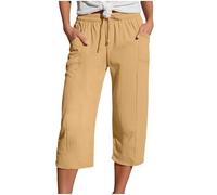 Yolimok Womens Cropped Trousers Elasticated High Waist Relax Fit Cotton Linen Ladies 3/4 Length Straight Wide Leg Trousers Casual Everyday Soft Lightweight Plain Three Quarter Pants