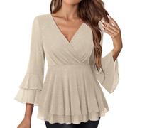 Yolimok Women's Dressy Blouses Ruffle 3/4 Sleeve Peplum Sparkly Tops Loose Flowy Chiffon Ladies Tops Glitter Blouses V Neck Blouse Blouse Double Layered Mesh Shirts for Party Clubwear Evening
