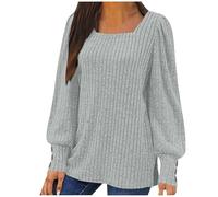 Yolimok Women's Knit Jumpers Classic Causal Stretch Knit Tops Loose Fit Puff Sleeve Square Neck Ribbed Sweaters Ladies Jumpers Tunic Top Warm Microfleece T Shirts Elegant Plain Pullover Tops