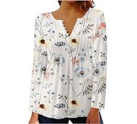 Yolimok Women's Long Sleeve Tops Elegant Vintage Floral Printed Tunic Tops V Neck Buttons Up Blouse Ladies Henley T-Shirt Swing Blouses Longine Shirts Casual Baggy Pullover