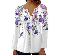 Yolimok Women's Long Sleeve Tops Elegant Vintage Floral Printed Tunic Tops V Neck Buttons Up Blouse Ladies Henley T-Shirt Swing Blouses Longine Shirts Casual Baggy Pullover