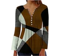 Yolimok Women's Long Sleeve Tops Elegant Vintage Floral Printed Tunic Tops V Neck Buttons Up Blouse Ladies Henley T-Shirt Swing Blouses Longine Shirts Casual Baggy Pullover