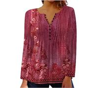 Yolimok Women's Long Sleeve Tops Elegant Vintage Floral Printed Tunic Tops V Neck Buttons Up Blouse Ladies Henley T-Shirt Swing Blouses Longine Shirts Casual Baggy Pullover
