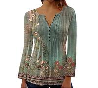 Yolimok Women's Long Sleeve Tops Elegant Vintage Floral Printed Tunic Tops V Neck Buttons Up Blouse Ladies Henley T-Shirt Swing Blouses Longine Shirts Casual Baggy Pullover