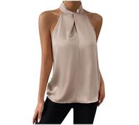 Yolimok Womens Silk Satin Tank Tops Halter Neck Pleated Casual Sleeveless Vest Camisole Blouses Summer Basic Silky Satin Tank Shirt Blouse Loose Casual Holidays Tunic Vests Cropped Top