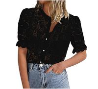 Yolimok Womens Summer Lace Tops Short Puff Sleeve Casual Dressy Blouses Eyelet Crew Neck Button Down Shirts Ladies Business Office Shirts Flowy Tunic Tops Sale Clearance Black