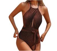 Yolimok Womens Swimwear One Piece Swimming Costume Sparkly Glitter Bathing Suit for Women Sale Sexy Ruched Cutout Tummy Control Padded No Rims Monokini Swimsuits UK Clearance Halterneck Swim Set Gold