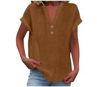 Yolimok Womens Tops Cotton Linen Shirts Summer V Neck Button Up Short Sleeve Ladies Blouse T-Shirts Solid Color Work Casual Oversized Loose Blouses Daily Women Top Cloth Sale UK Plus Size 14 16 18 22
