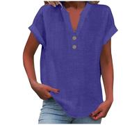 Yolimok Womens Tops Cotton Linen Shirts Summer V Neck Button Up Short Sleeve Ladies Blouse T-Shirts Solid Color Work Casual Oversized Loose Blouses Daily Women Top Cloth Sale UK Plus Size 14 16 18 22