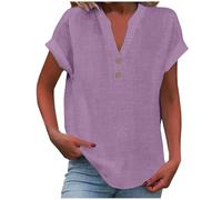 Yolimok Womens Tops Cotton Linen Shirts Summer V Neck Button Up Short Sleeve Ladies Blouse T-Shirts Solid Color Work Casual Oversized Loose Blouses Daily Women Top Cloth Sale UK Plus Size 14 16 18 22