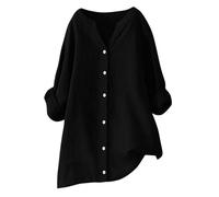 Yolimok Womens Tops Long Sleeve Shirt Cotton Linen Button Down Tshirts Summer Swing Plus Size Ladies Tops V Neck Roll Up Long Sleeve Blouses Tunic Tops Solid Color Elegant Oversized Tees S-5XL Black