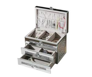Yolispa Silver Crushed Diamante Mirrored Glass Jewellery Box, 3-Layer Makeup Organiser Storage with 2 Drawers, Jewellery Organiser for Necklaces, Earrings, Rings, Bracelets, 24 * 16 * 18cm