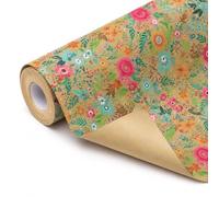 Yoljun 43.2cmx5m Kraft Floral Wrapping Paper Roll, Wild Flowers Wrapping Paper for Birthday Wedding Baby Shower Bridal Shower Engagements