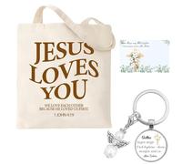 Yoljun Printed Christian Fabric Bag, 40 x 35 cm, Jute Bag, Printed Gift Set with Guardian Angel Keyring and Card, "Jesus Loves You", Christian Gifts for Women, Girls, Boys