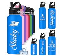 YoLLiEE Custom Personalised Water Bottles for Kids with Straw 12 18 24 32 40 oz Customised Engraved Insulated Stainless Steel Water Bottles with Name, Blue Icon Style