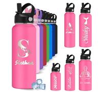 YoLLiEE Custom Personalised Water Bottles for Kids with Straw 12 18 24 32 40 oz Customised Engraved Insulated Stainless Steel Water Bottles with Name, Deep Pink Initial Style